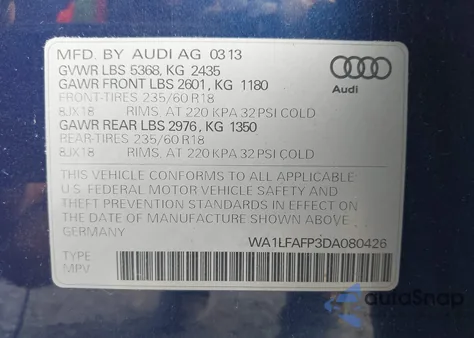 2013 Audi Q5 2.0T Premium from USA, damaged, VIN WA1LFAFP3DA080426